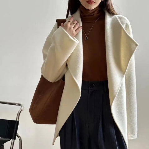 Temperament Bathrobe Style Double-Sided Cashmere Jacket With A Flip Collar Short Style Woolen Jacket For Women's Clothing