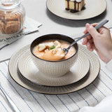 VANCASSO GUTO 16/32/48 Piece Beige Embossed Stoneware Tableware Set with Dinner/Dessert Plate/Soup Bowl/Mug Service for 4/8/12